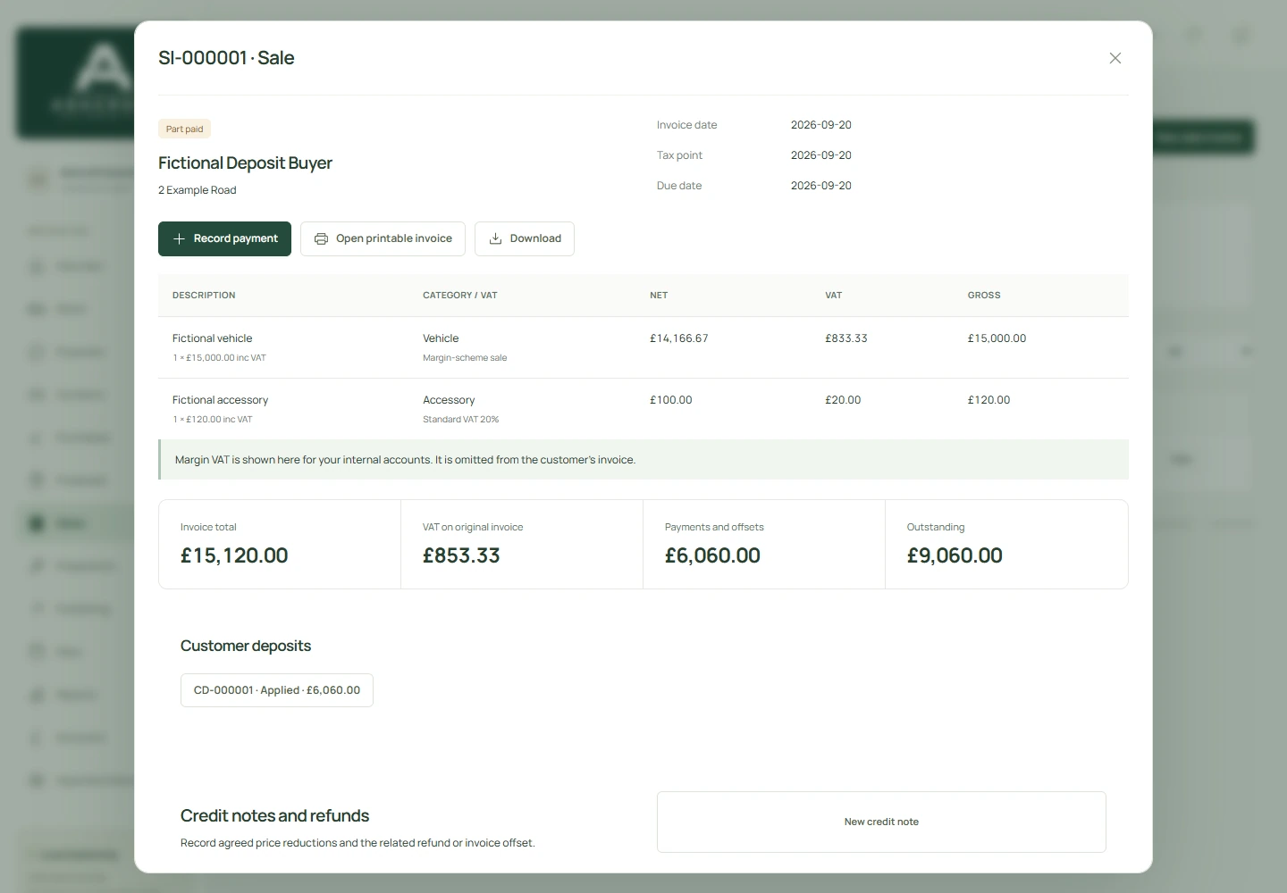 Forecourt sales workflow showing a fictional vehicle sale and its recorded deposit