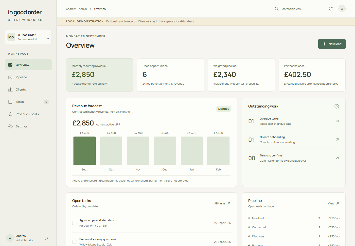 In Good Order CRM administrator overview with fictional figures and sample client records