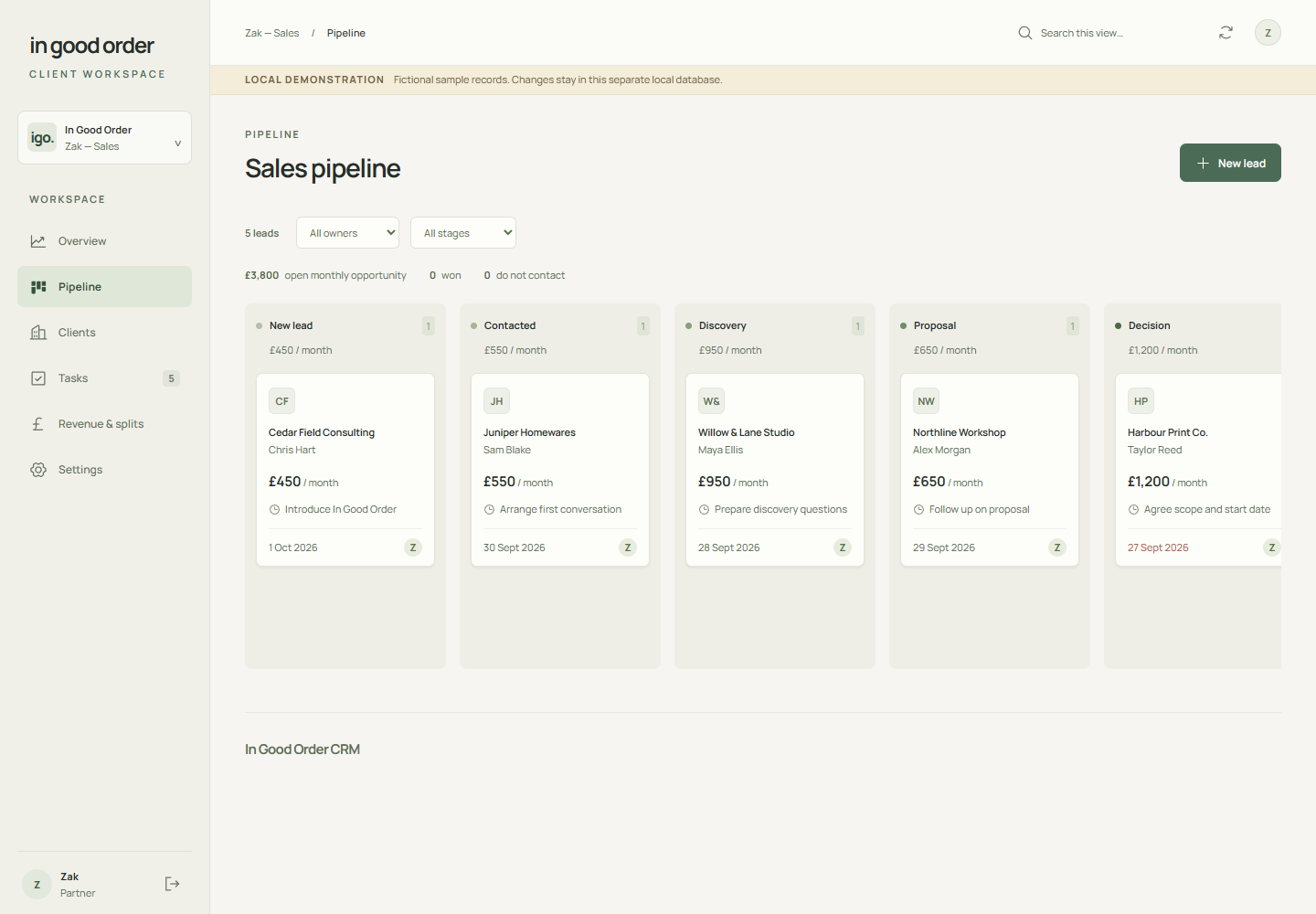 In Good Order CRM sales pipeline with fictional opportunities and their next actions