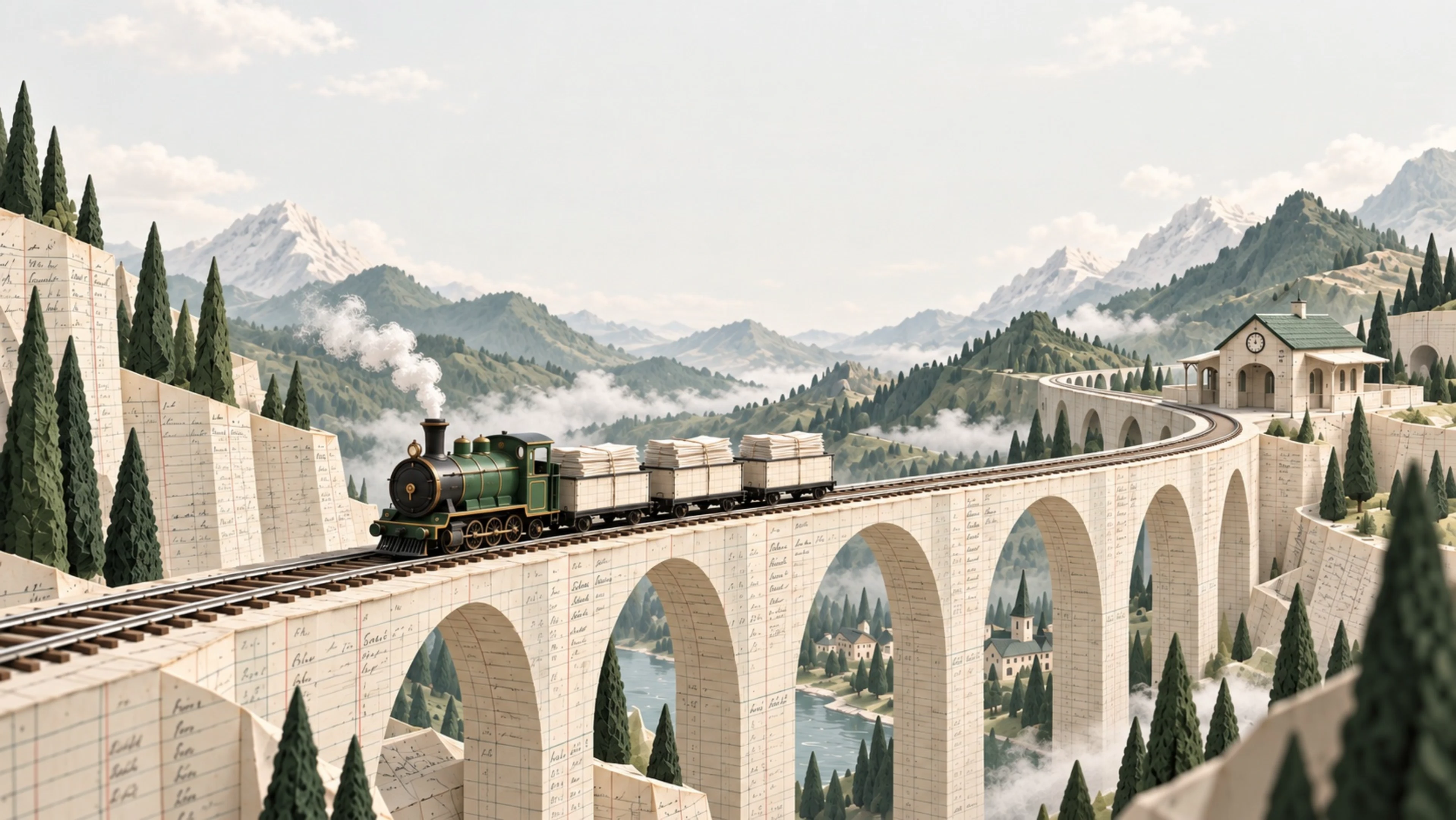 A forest-green steam locomotive rests on a viaduct made of ledger paper, surrounded by mountains and soft clouds.
